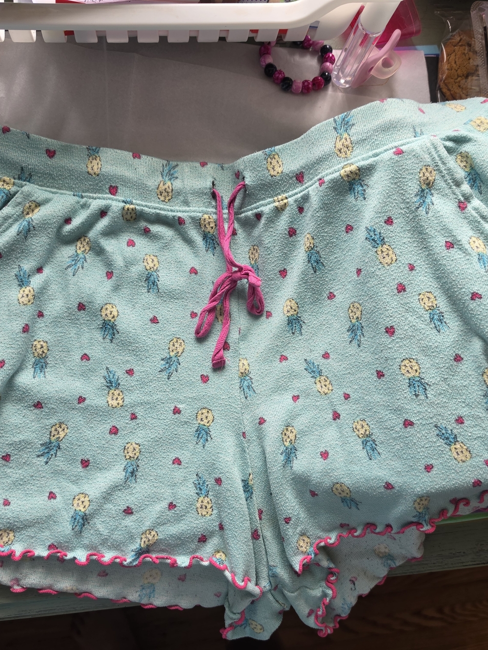 Secret Treasures Aqua Pineapple Print Shorts with Pink Trim